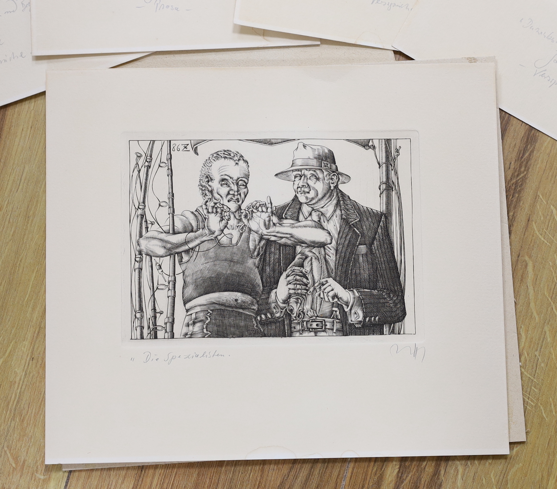 Baldwin Zettl (b.1943), five German Expressionist etchings, each signed and inscribed in pencil including ‘The Specialists’, largest 24 x 27.5cm, unframed